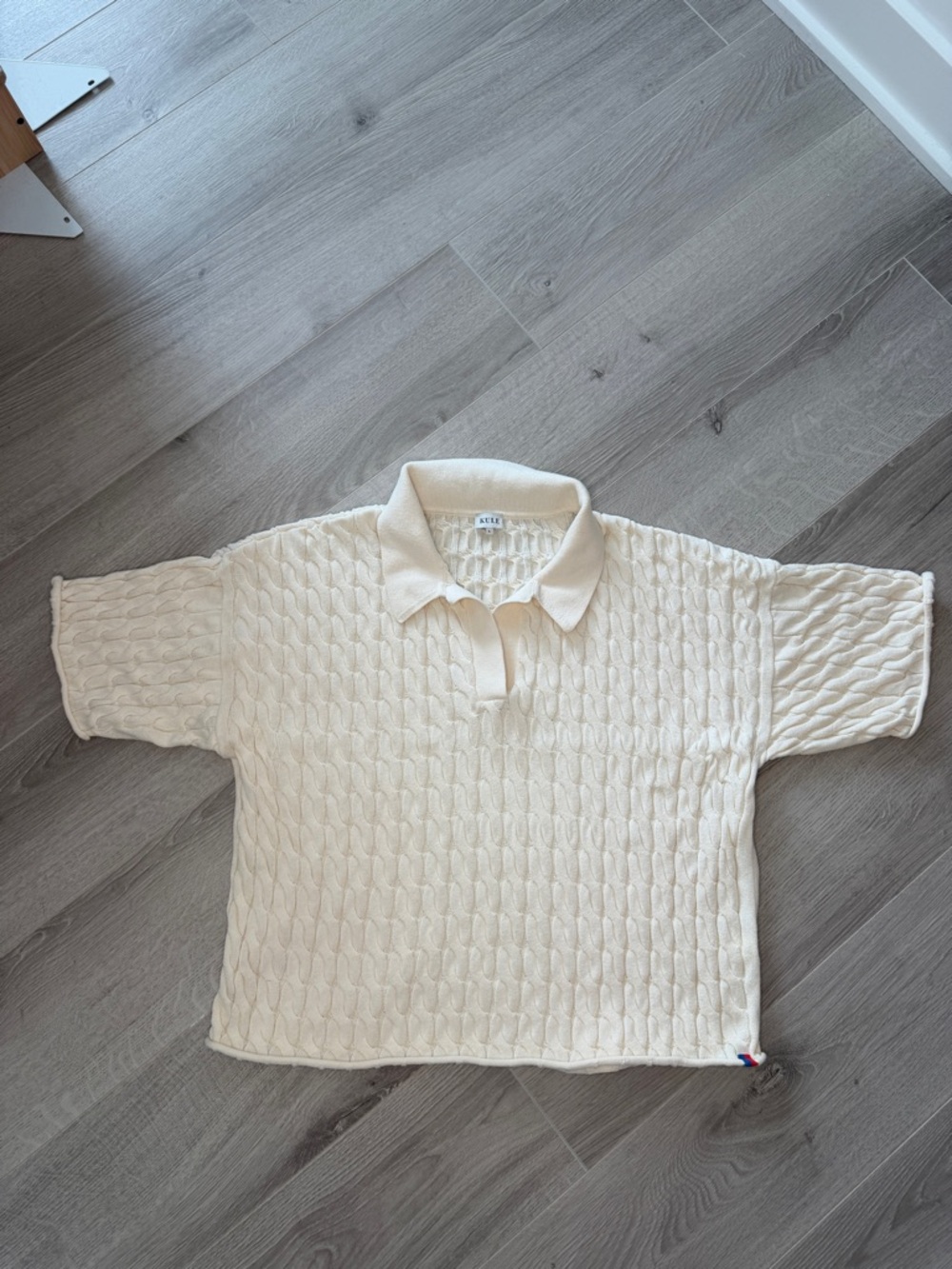 Kule Cable Knit Polo Sweater Cream Ivory Short Sleeve Oversized Cotton Sz L
